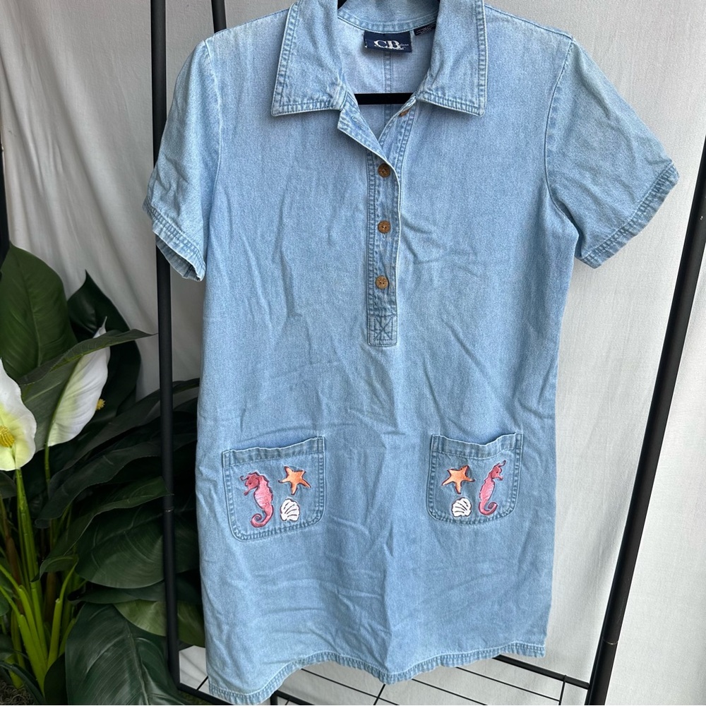CB Casual Light Blue Denim Dress with Embroidered Seashells Apron Pockets / PM